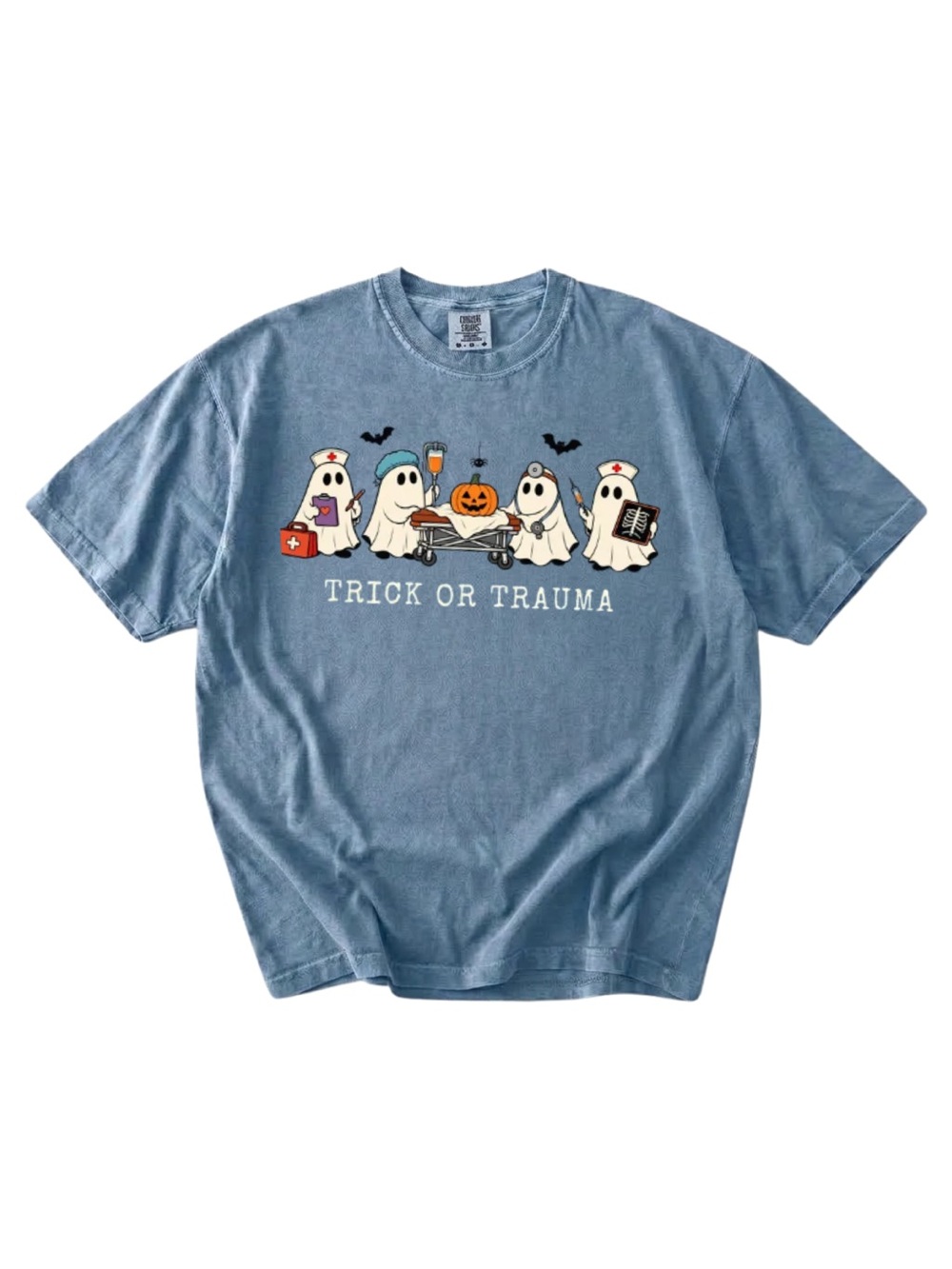Comfort colors 'Trick or Trauma' Ghost Graphic Tee - Blue Jean color